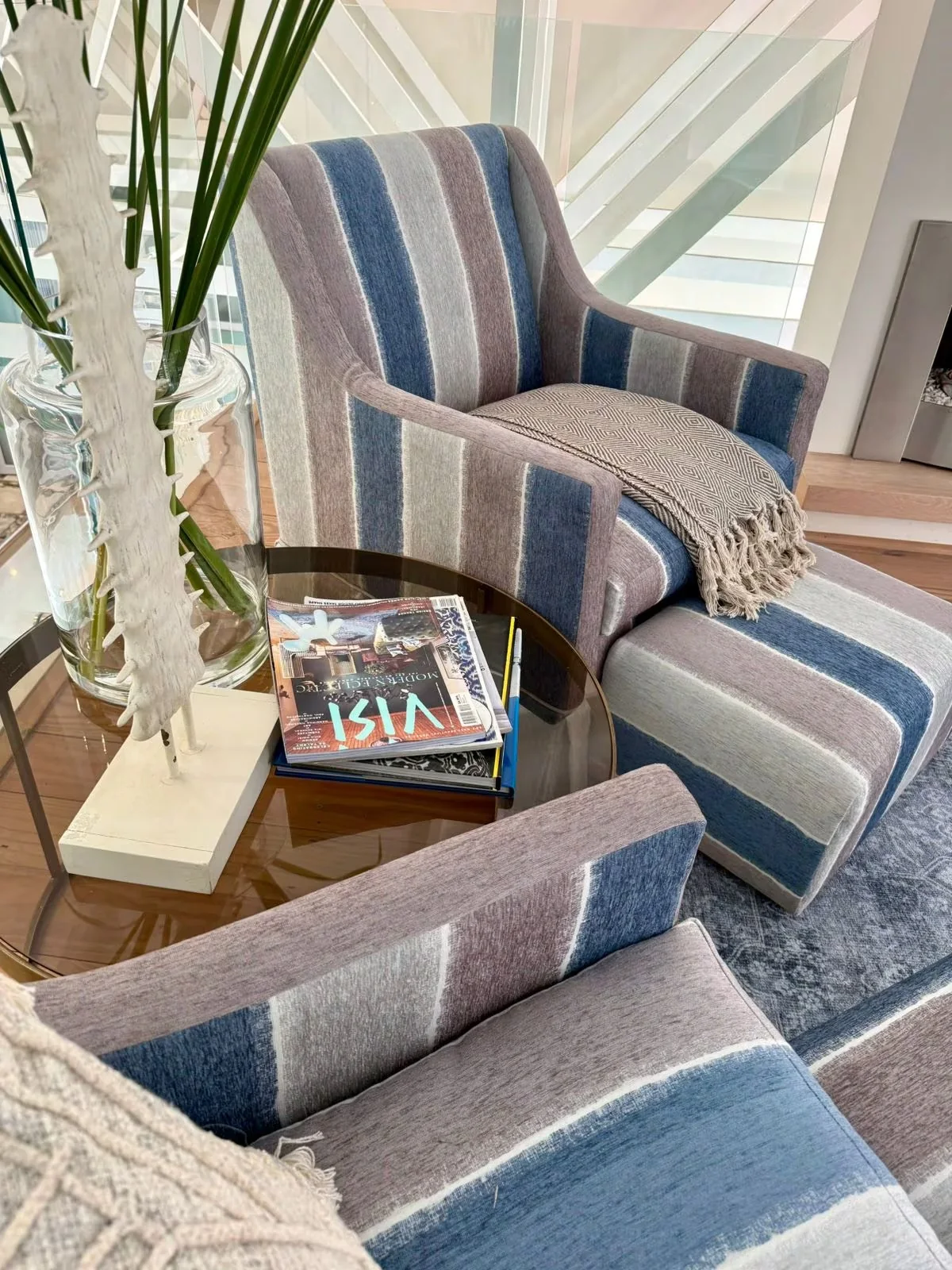 Striped lounge chair and coffee table